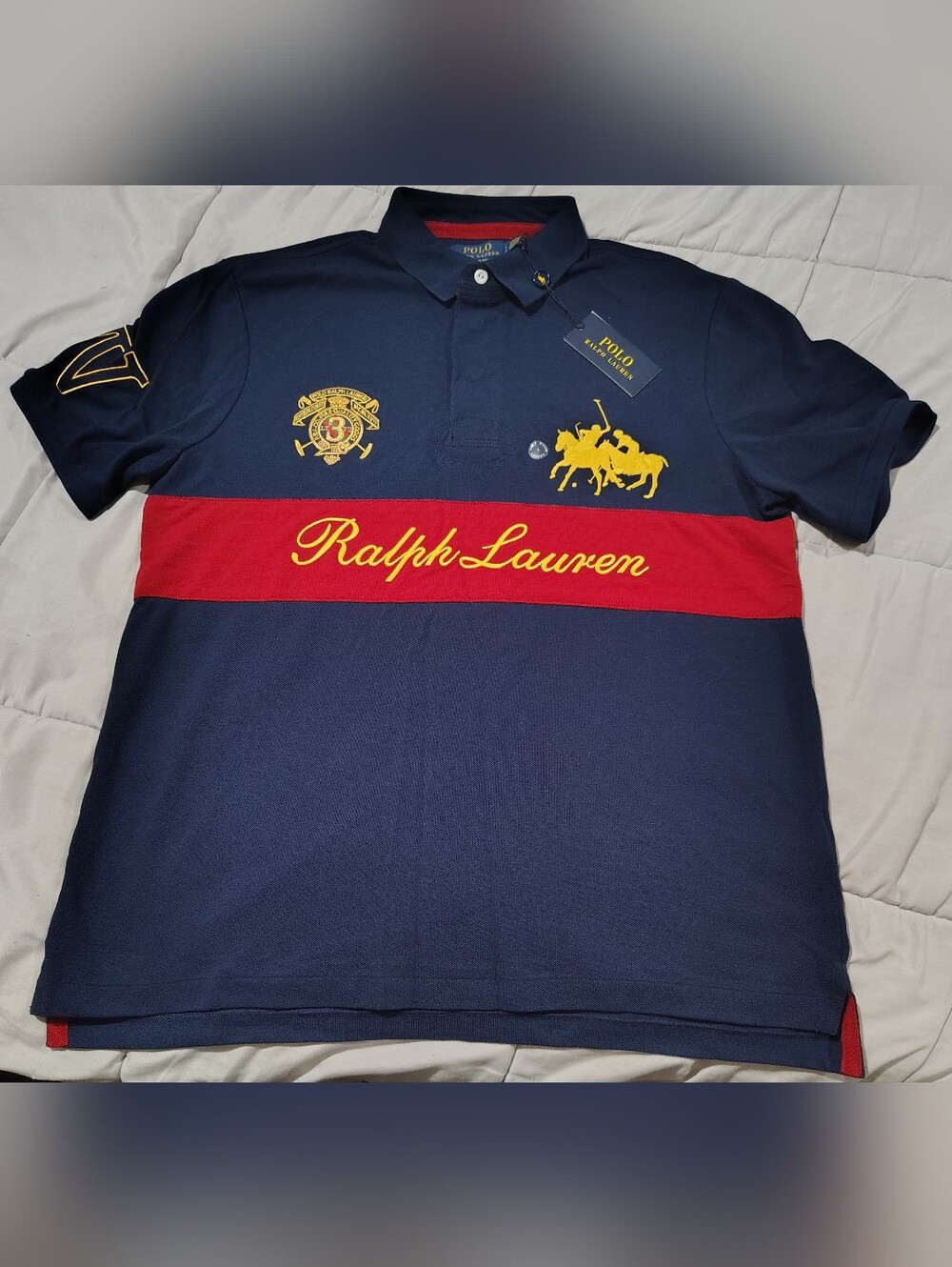 Ralph Lauren Navy Polo Red Chest Stripe and Yellow Embroidery Size Large NWT